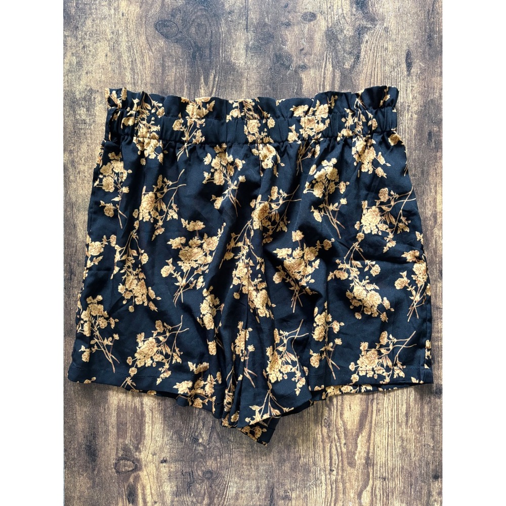 Shein Women 1XL Black With Yellow Floral Paperbag Waist Shorts High Rise